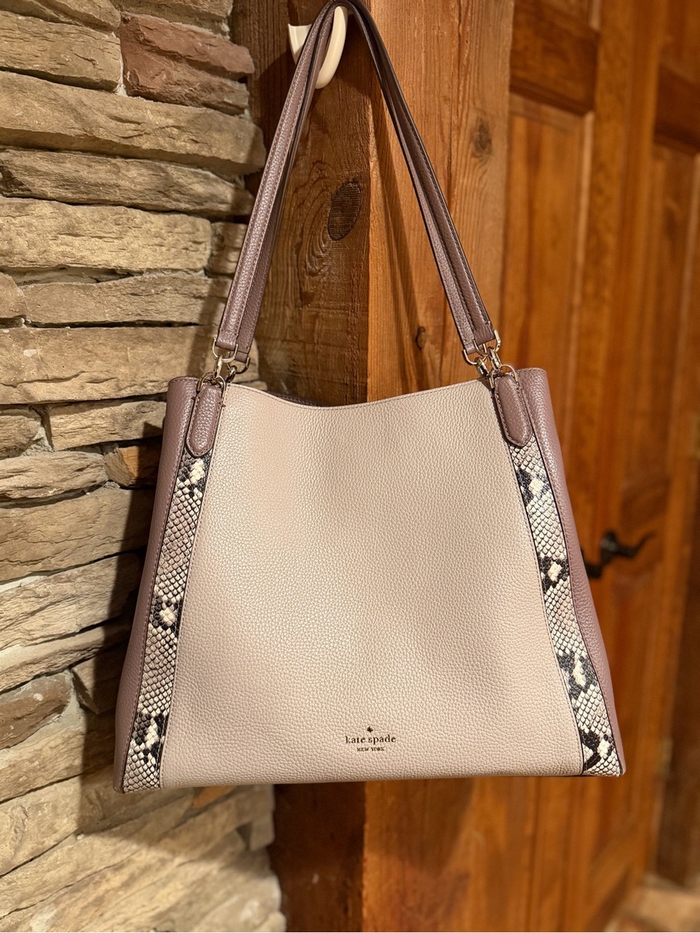 Kate Spade NWOT Huge! Colorblock Leather Shoulder Bag Tote Snake-Print Trim